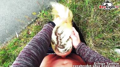 German blonde tattoo slut arranges to have outdoor sex POV