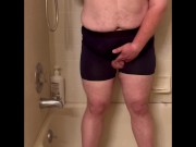 Chubby gay with tiny dick wets his underwear then cums with massage gun