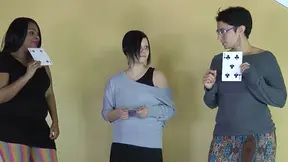 Voluptuous teen loses strip high card game, shows off massive boobs