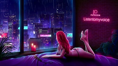 Pink-haired fantasy girl teases in a moody bedroom lit by neon and candlelight