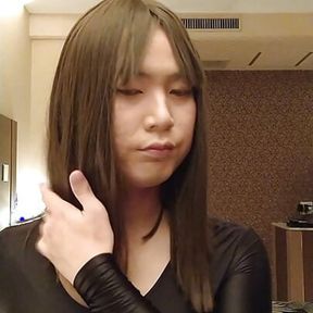 Japanese crossdresses masturbate wearing leotard skirt