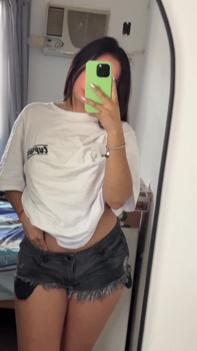 Teeny bopper shows off her perky tits in a group setting