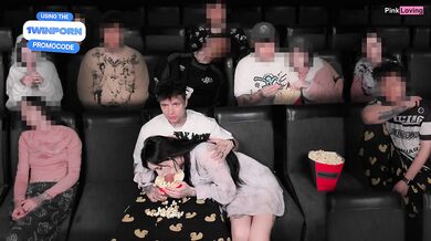 GF Shocked by Big Cock Blowjob Footjob in Dark Theater Cum Blast