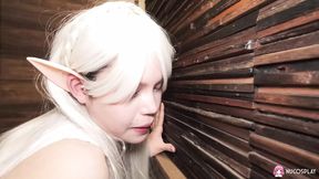 Japanese skinny cosplay Miu Akino in bed alone masturbating with a sex toy .