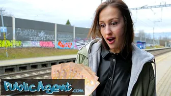 Brunette shows her tits at the train station to pay a fine