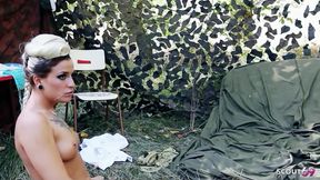 Hot Blonde MILF Sarah Fucked Hard Outdoors by Soldiers