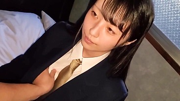 Uncensored, 18 year old Japanese slender black hair beauty, blowjob, cum in mouth, creampie sex