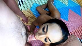 ”Petite huge cock oiled Asian ladyboy blows & rides dildo & BWC”