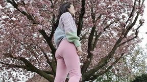 Pink leggings outdoor walking wetting peeing