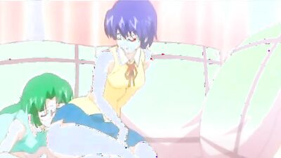 Green and blue-haired anime babes make out and spank each other's tight pussies in hot lesbian action