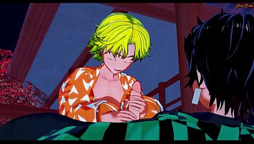 Zenitsu wraps his legs around Tanjiro and lets him cum in his ass - Demon Slayer Hentai.