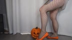 Calf Muscle Flex in Fishnets-Halloween Theme WMV 720 in Orange Ballet Flats