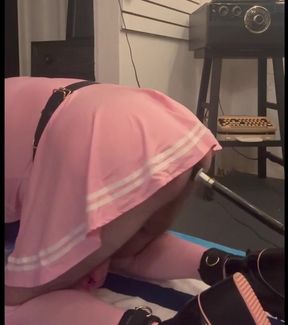 Sissy in Pink and Leathers in a Fit of Madness Completely Destroys Bum and Brain