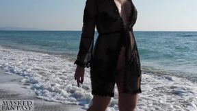 Sexy woman at the beach takes a foxtail butt plug in her ass - public outdoor anal plug