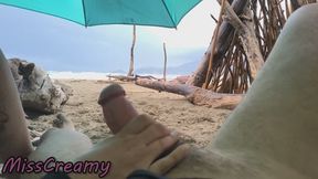 4K MissCreamy's Risky Public Beach Handjob in the Rain - Under Umbrella!