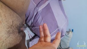 I show my feet, my hairy pussy, and my huge ass to my friend&#039;s son, and he jerks off his young cock.