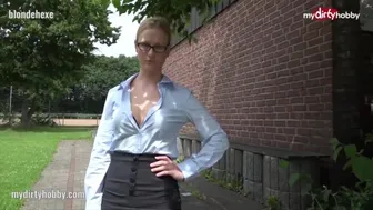 German teacher in stockings fucks student roughly outdoors and swallows