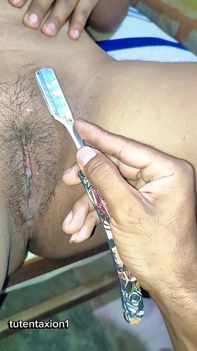 Mommy&#039;s friend shaves my hairy pussy