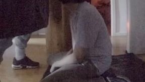 homemade - i dared my young flatmate to get on his knees, blindfolded, and i pissed in his mouth through a gloryhole... he gets hard and sucks me