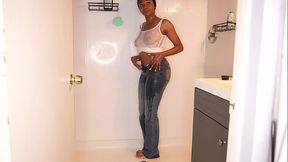 Ebony Model Pees in Pants in the Shower