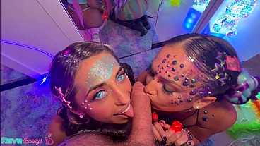 Luna & Mira Deepthroat Brian's Shaft Under Blacklight Lasers!