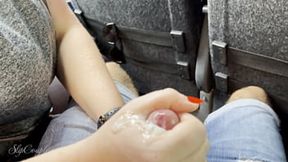 BBW Shemale gets messy handjob on crowded bus