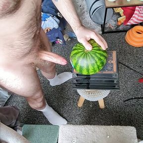 Jerking off using a watermelon