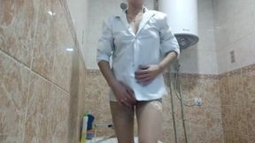 I take a shower, masturbate, pose, play with my holes with a toy and foam, bring myself to orgasm.