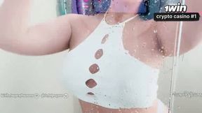 Sexy latina taunting in the shower thick arse and yam-sized boobs against the glass wet t-shirt