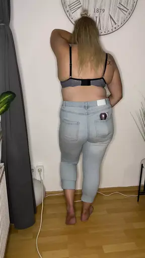 Masturbation while standing, bra & jeans, multiple orgasms, fingering & satisfyer, hot, wet, trembling, moaning, twitching