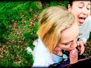 Two Girlfriends Suck Cock in the Woods - Threesome Outdoor Blowjob - Public POV