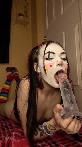 wearing super cute, colorful clown makeup to ruin my throat and brain with dildos and porn 🥳 > > > > > >