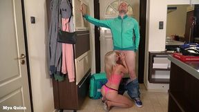 sucking delivery man - cum on my tits