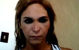 Tgirl eats two cocks on cam