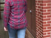 Curvy MILF pulls her pants down and pisses outside on deck in public