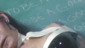 Detention domina spanks and dildo fucks latex sub