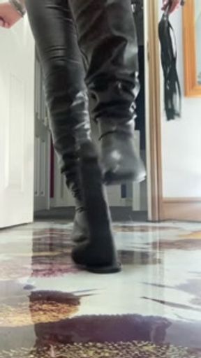 Leather clad Biker bitch humiliates and stomps on your cock
