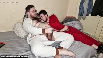 Hairy chubby bears in pajamas deep throat and suck each other's big uncut cocks