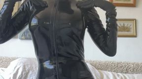 latex rubber catsuit and hood and gloves , butt plug and dildo tease