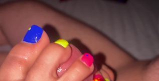 Sexy cute neon toes teasing a wet cock