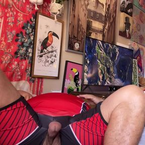 Giant Man in Wrestling Uniform Has Massive Release Hands Free