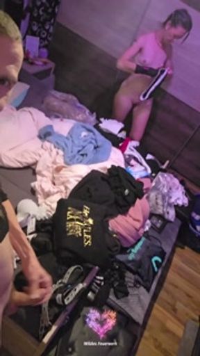 While cleaning up, suddenly his cock is inside me and he cums all over me!
