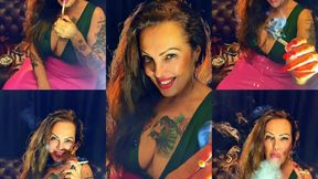 Beautiful Stepmother in leather and pink lipstick, and her creamy smoke — Dunhill White 100