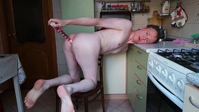 lanatuls - russian faggot slut and whore. mancunt pussy fucking by glass dildo at kitchens chair and floor in doggystyle