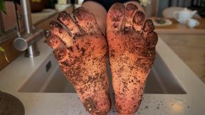 Dirty Feet After Repotting Flowers - Muddy Soles Close Up Tease & Washing in Sink.