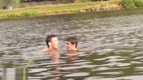 young bareback twinks swimming in the river