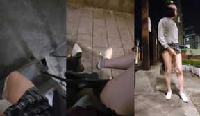 Shemale Ting Xuan outdoor pee and masturbate panties off legs