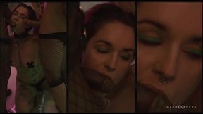 Tattooed brunette rides big cock in foursome