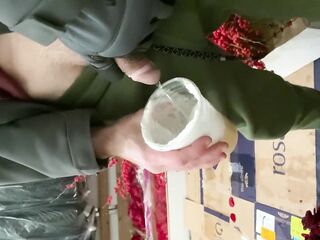 At work voided urine in female boss coffee cup in the back of the truck watched her gulp it sweat pants