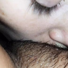 Lesbian hairy pussy eating close up